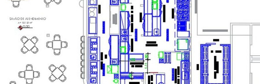 Planta executiva em CAD de uma cozinha profissional, com salão de atendimento cotado, linha de produção e área de retaguarda