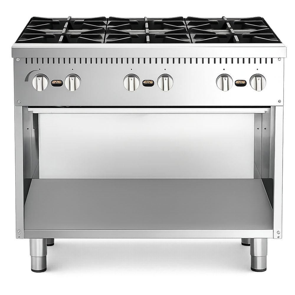 Fogão industrial de seis bocas em aço inox com prateleira inferior