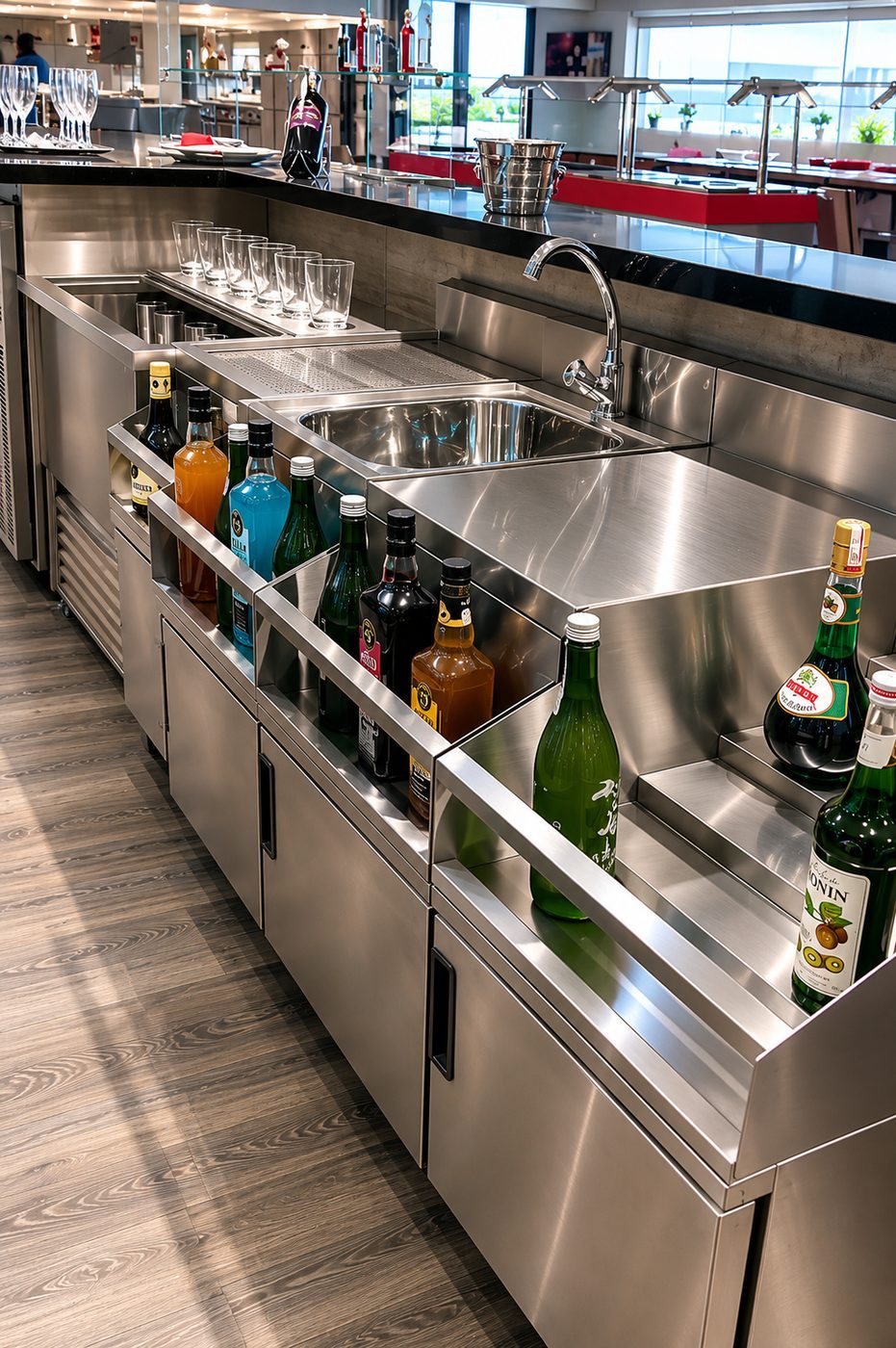 Balcão de bar em aço inox com cuba, apoio refrigerado e prateleiras escalonadas para garrafas
