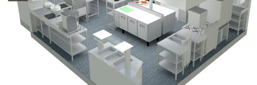 Estudo tridimensional de cozinha profissional, com bancadas, refrigeração e circulação posicionadas