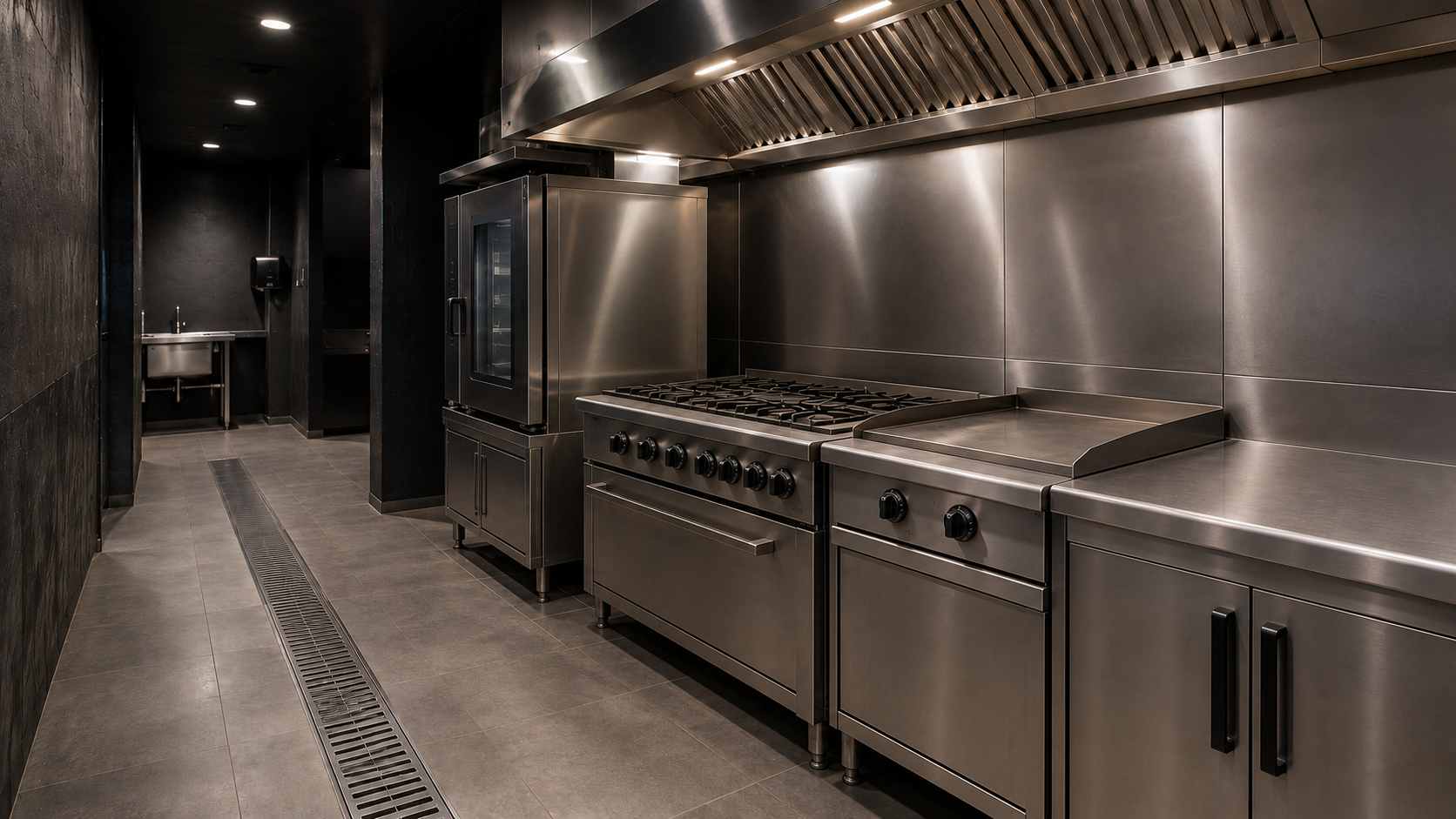 Praça de cocção em aço inox com fogão industrial de seis bocas, chapa, forno combinado e coifa contínua sobre a linha
