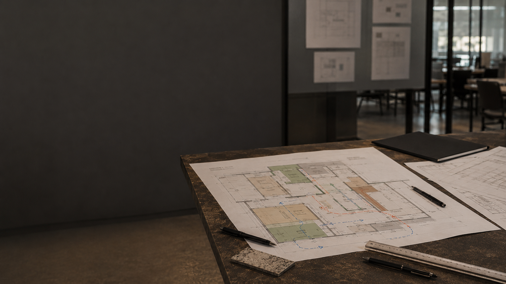 Planta técnica de cozinha profissional impressa sobre a mesa de trabalho, com escalímetro, lapiseira e pranchas de projeto afixadas ao fundo