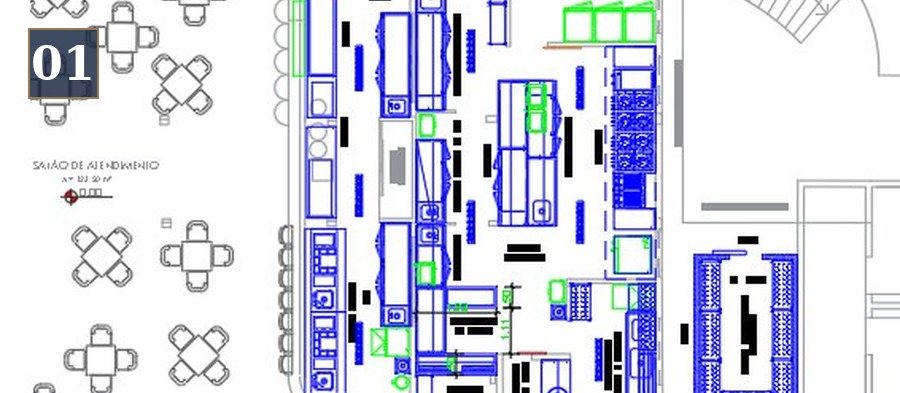 Planta executiva em CAD de uma cozinha profissional com salão de atendimento