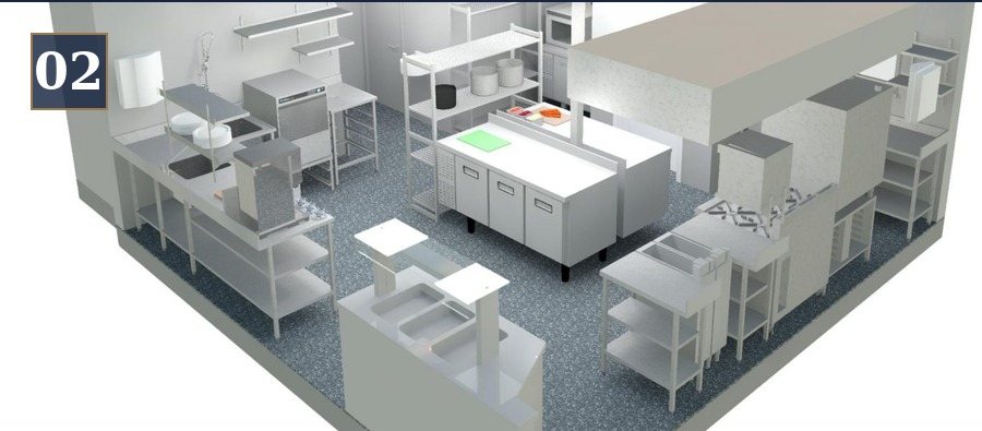 Modelo tridimensional de cozinha profissional com bancadas e equipamentos em inox